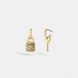 Gold / Black Women Coach Quilted Padlock Key Mismatch Earrings | AU_CH97793